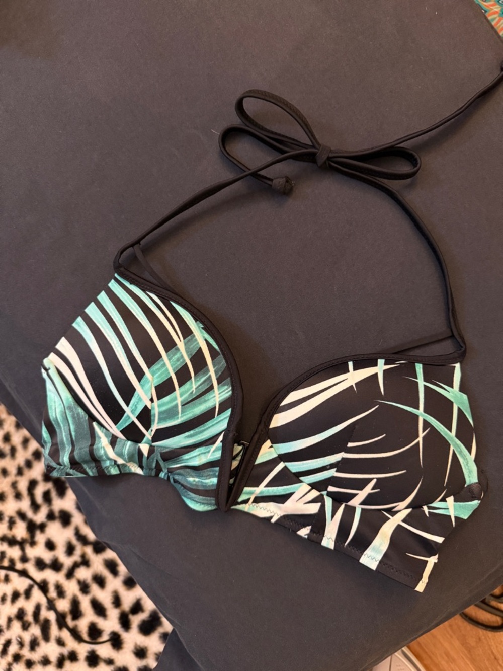 Victoria's Secret Black Bikini Top with Teal & White Palm Print
